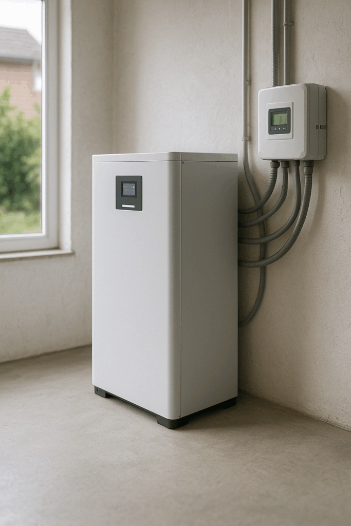 Weißer Stromspeicher von Brücken Energie in einem hellen Anschlussraum