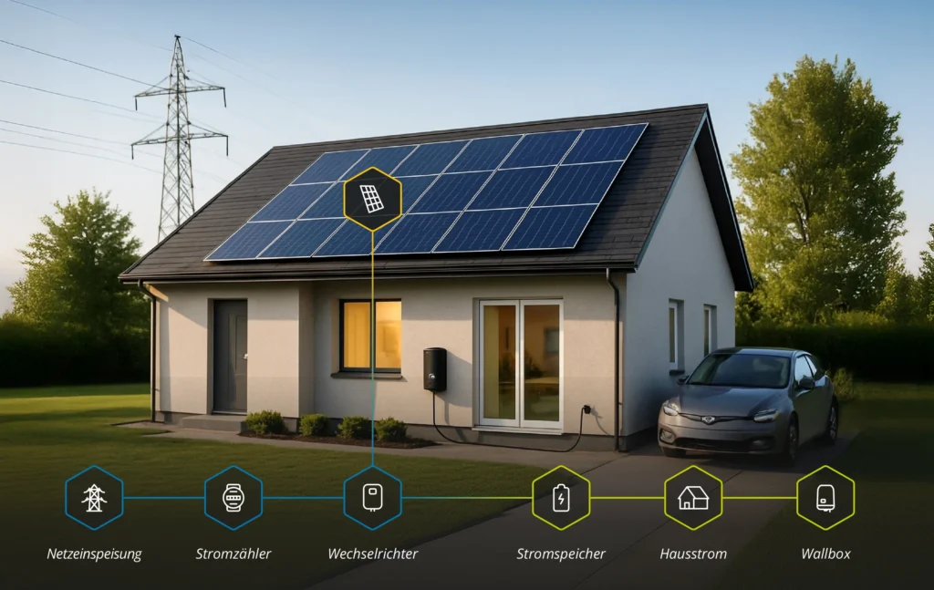 Anschaungsgrafik, welche den Stromkreislauf im Haushalt symbolisiert: Von der Aufnahme der Sonnenenergie über die Solarpanele, durch den Wechselrichter. Von dort wird der Strom in den Hausstrom, die Wallbox sowie den Stromspeicher geleitet. Der Überschuss wird über den Stromzähler in das Netz eingespeist.