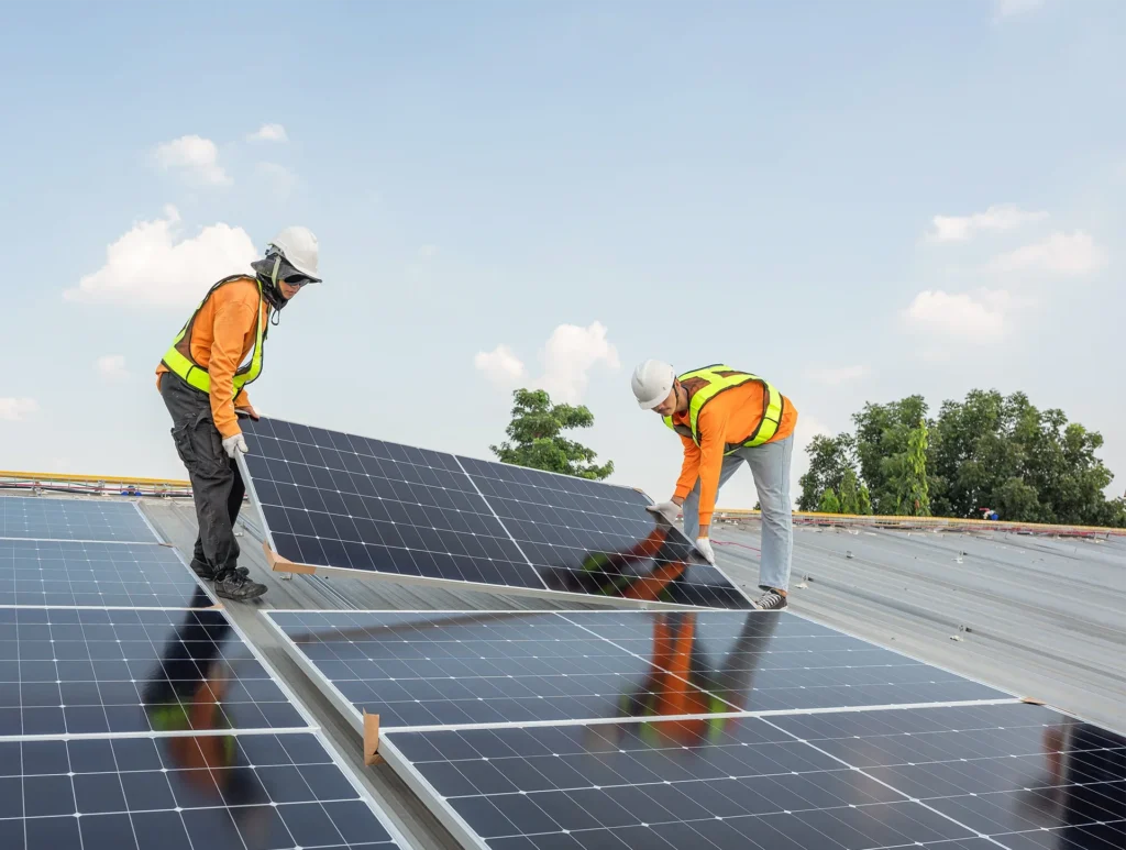 Zwei Mitarbeiter von HTM Solar montieren Solarpanele auf dem Dach eines Privathauses in Deutschland