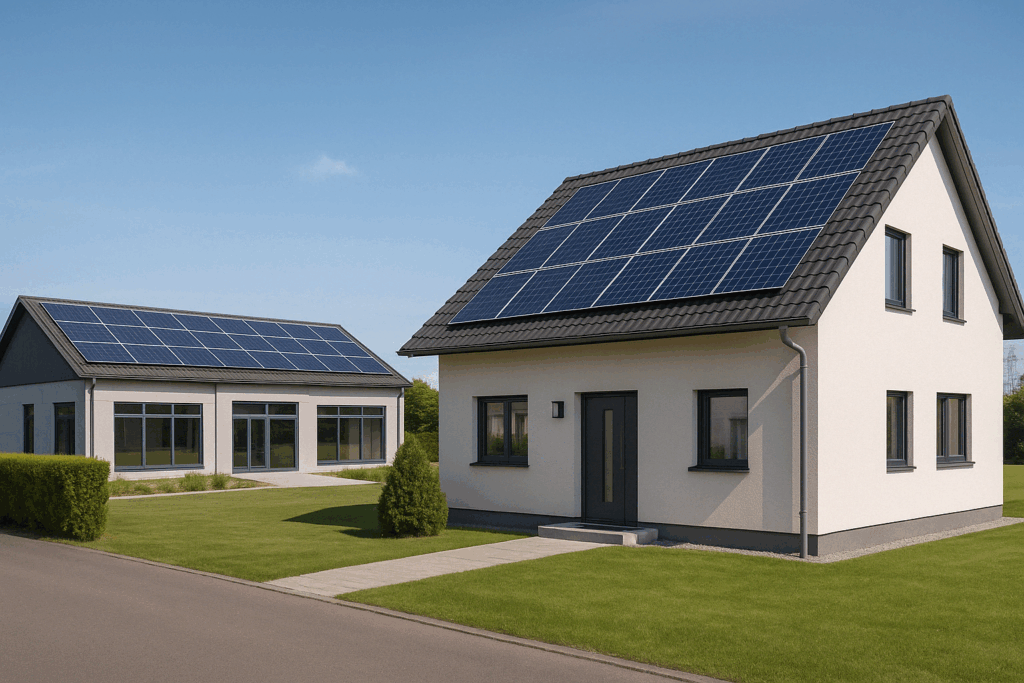Neubausiedlung mit weißen Einfamilienhäusern und Photovoltaikanlagen von Brücken Energie auf dem Dach
